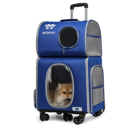 Large-Capacity Double-Decker Pet Trolley Bag – Portable Cat Carrier Backpack with Wheels