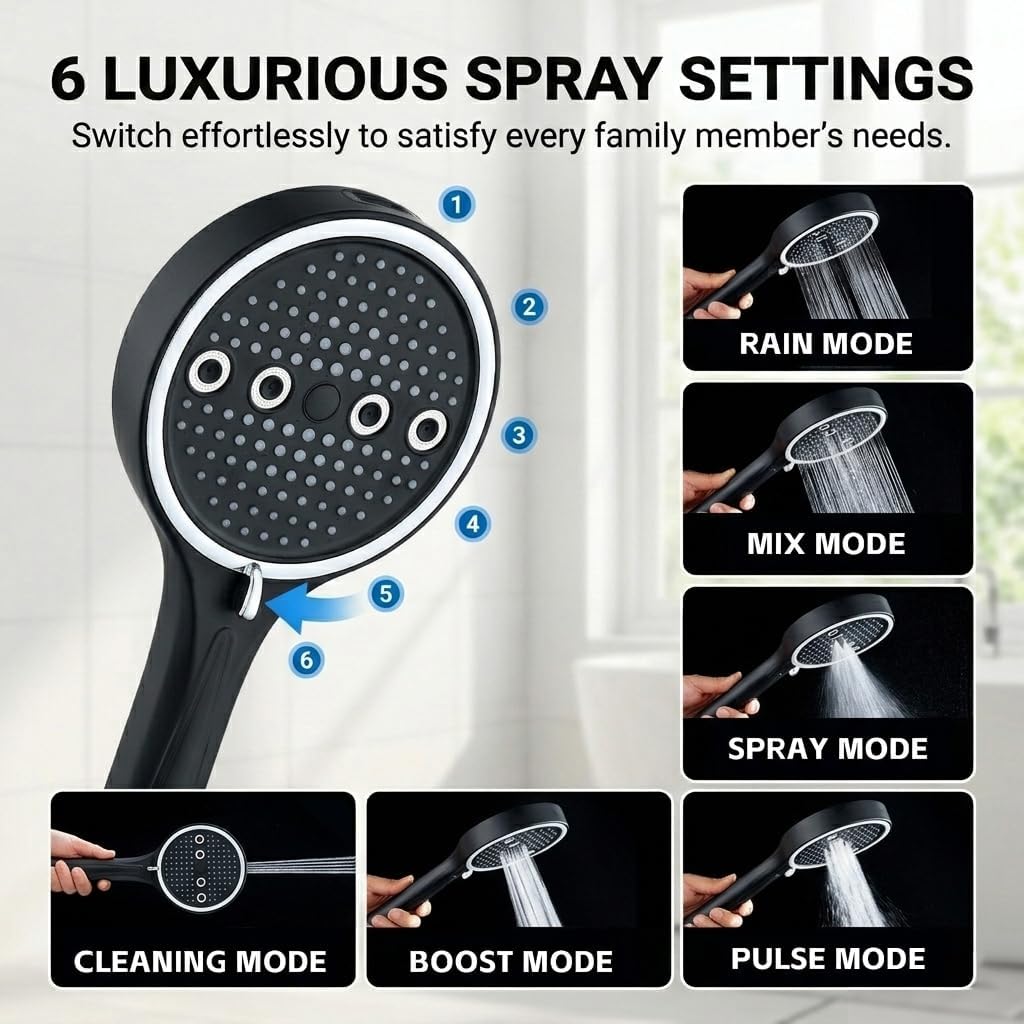 Handheld Shower Head with Hose, 6 Spray Settings, High Pressure, Chrome Finish, Rain, Pulse, Boost, Spray, Mix, Cleaning Modes (Chrome)