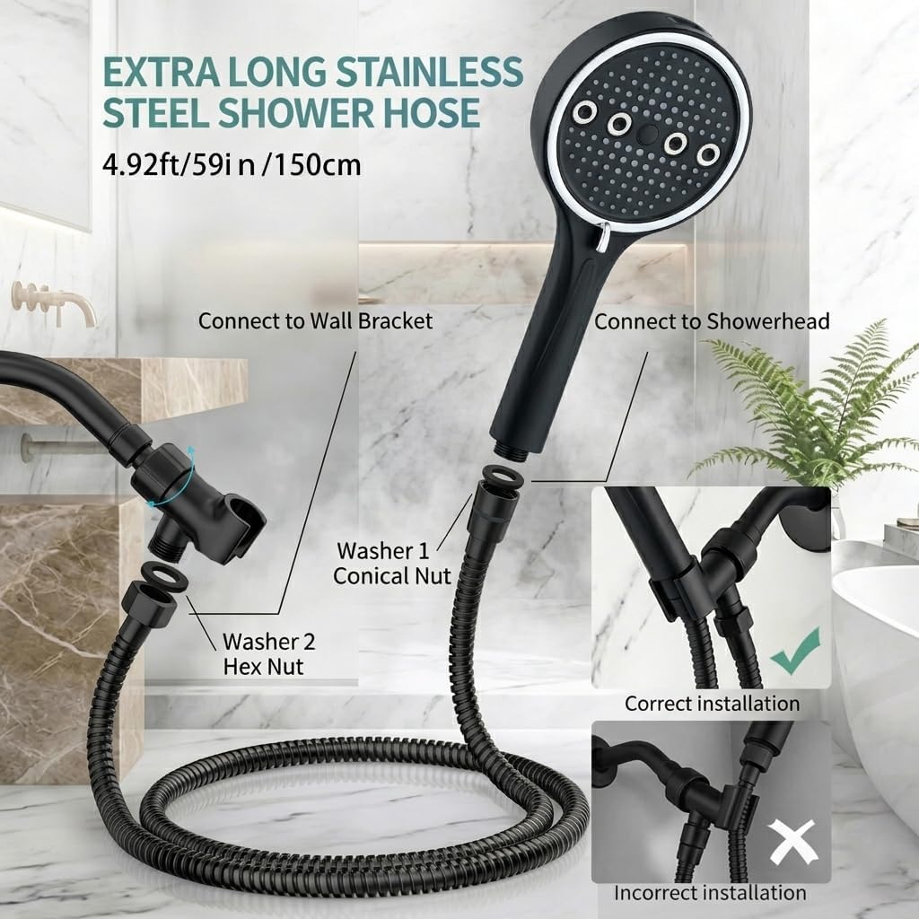 Handheld Shower Head with Hose, 6 Spray Settings, High Pressure, Chrome Finish, Rain, Pulse, Boost, Spray, Mix, Cleaning Modes (Chrome)