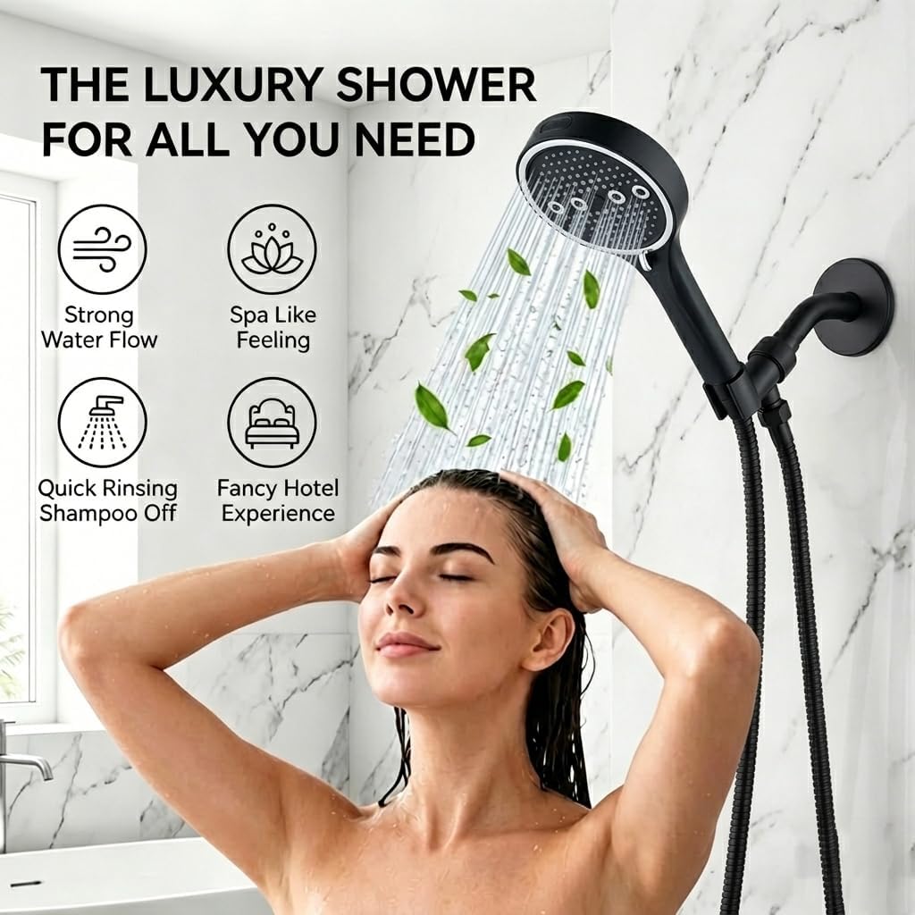 Handheld Shower Head with Hose, 6 Spray Settings, High Pressure, Chrome Finish, Rain, Pulse, Boost, Spray, Mix, Cleaning Modes (Chrome)