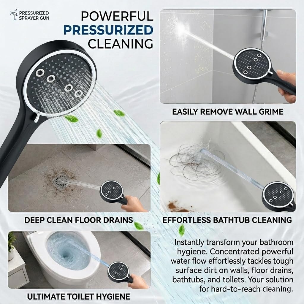 Handheld Shower Head with Hose, 6 Spray Settings, High Pressure, Chrome Finish, Rain, Pulse, Boost, Spray, Mix, Cleaning Modes (Chrome)