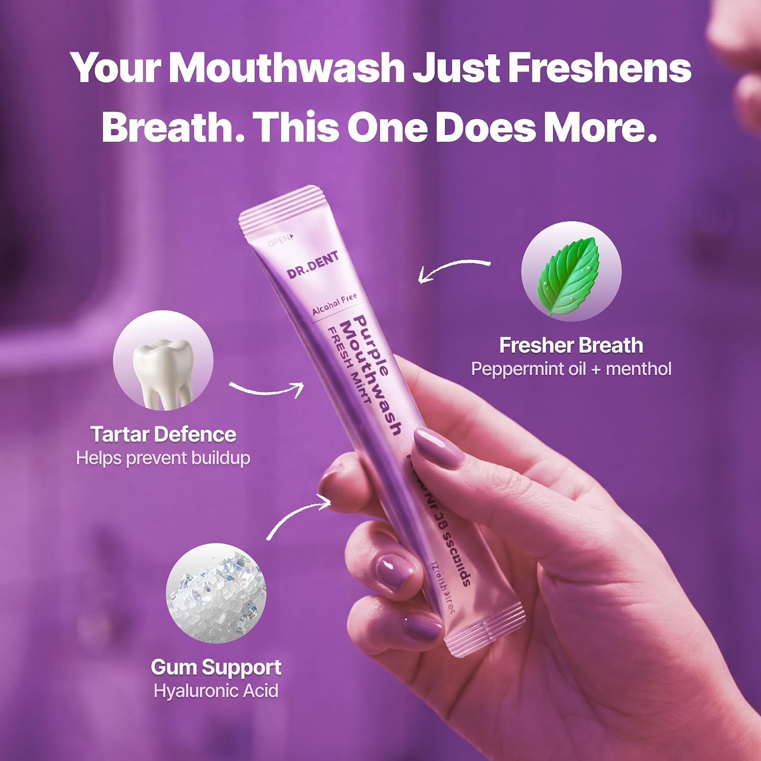 DR.DENT Purple Mouthwash for Teeth Whitening - Color Correcting Mouthwash Sachets - Peroxide Free, Alcohol Free - Freshens Breath, Supports Gum Health - Vegan, Mint Flavor (20 pc)