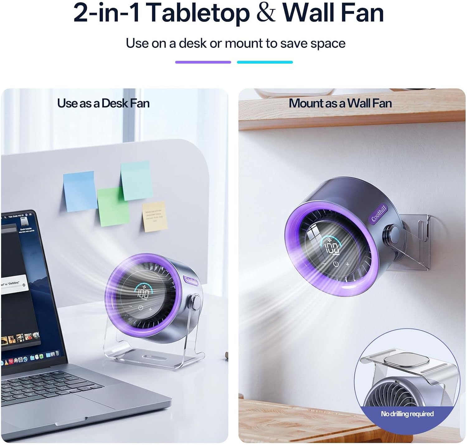 Cordless Wall Mounted Fan, Small Rechargeable Wall Fan for Bedroom and Kitchen, 100 Speeds Quiet Fan with Digital Display, 120° Tilt 2-in-1 Portable Desk Fan for Bunk Bed(White)