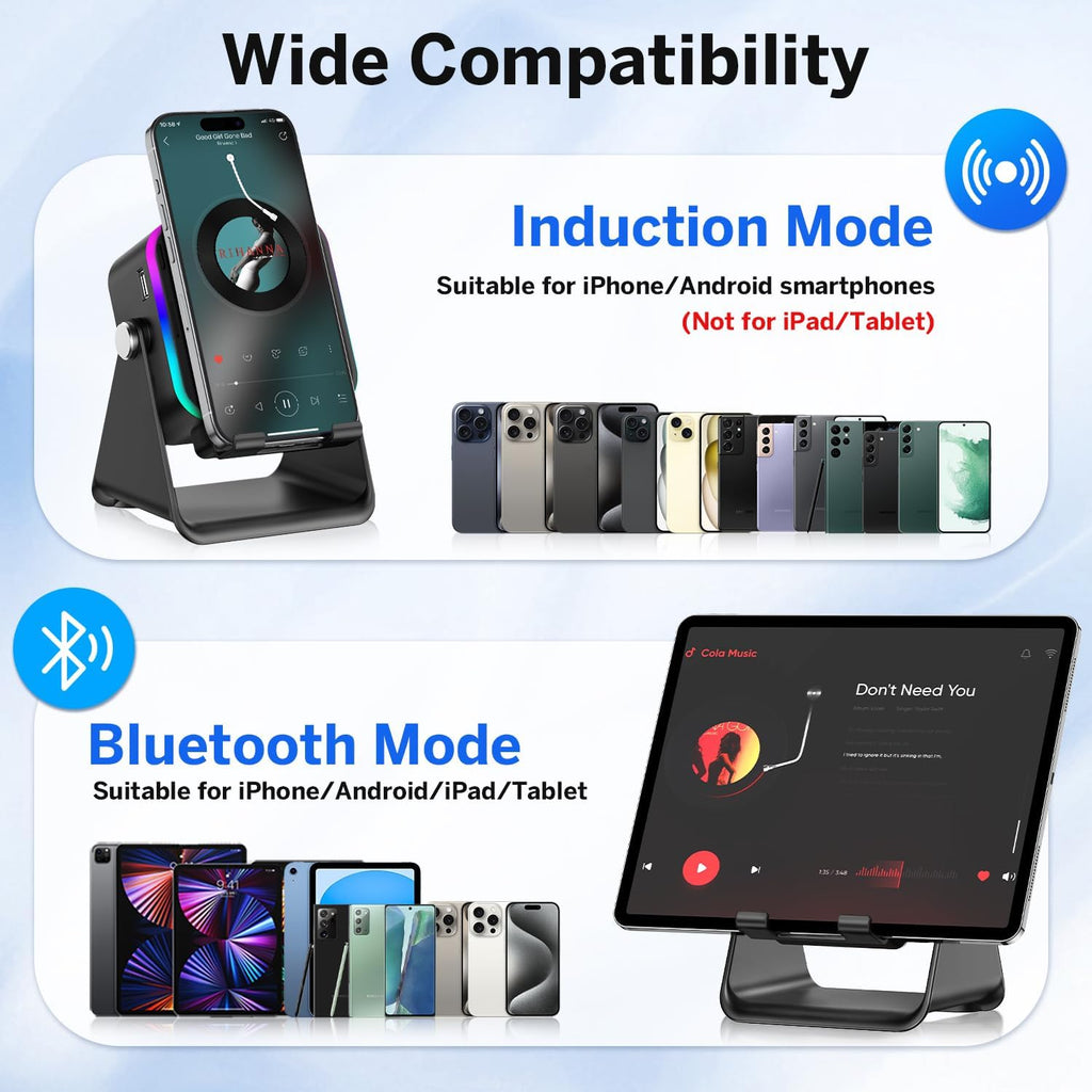 Wireless Induction Speaker 5-in-1 Bluetooth Speaker with Phone Stand,Stereo Sound, 3500mAh Rechargeable, 8 RGB Ambient Light, 360° Adjustable Holder for iPhone/Android/iPad,Gifts for Men Women (Black)