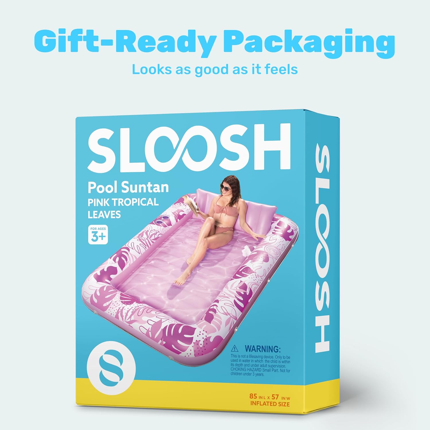 SLOOSH Inflatable Tanning Pool Lounger Float,85" x 57" Extra Large Pool Floats Adult with Pillow,4 in 1 Suntan Tub Raft Floatie,Sunbathing Bed Lounge Blow Up Ball Pit Party Gifts,XL-Cyan White