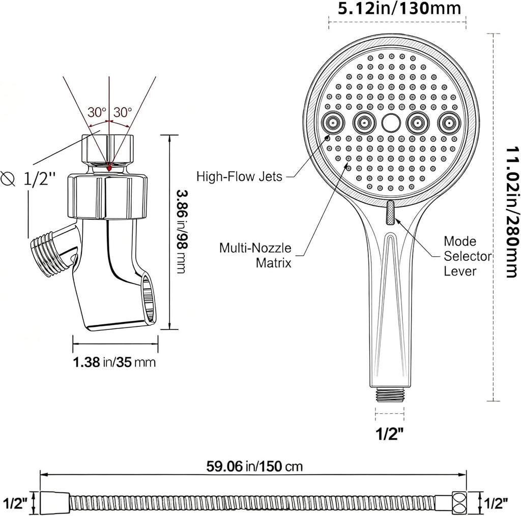 Handheld Shower Head with Hose, 6 Spray Settings, High Pressure, Chrome Finish, Rain, Pulse, Boost, Spray, Mix, Cleaning Modes (Chrome)