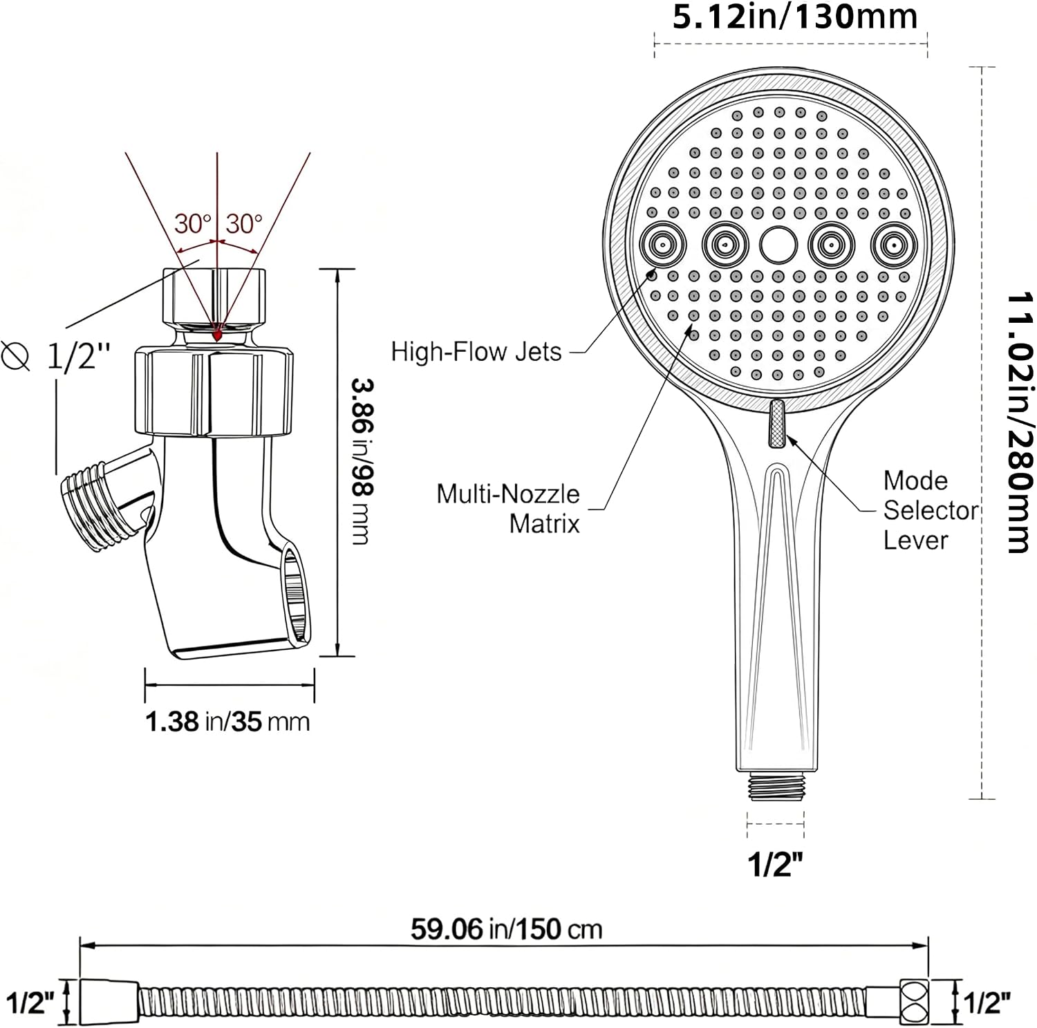 Handheld Shower Head with Hose, 6 Spray Settings, High Pressure, Chrome Finish, Rain, Pulse, Boost, Spray, Mix, Cleaning Modes (Chrome)