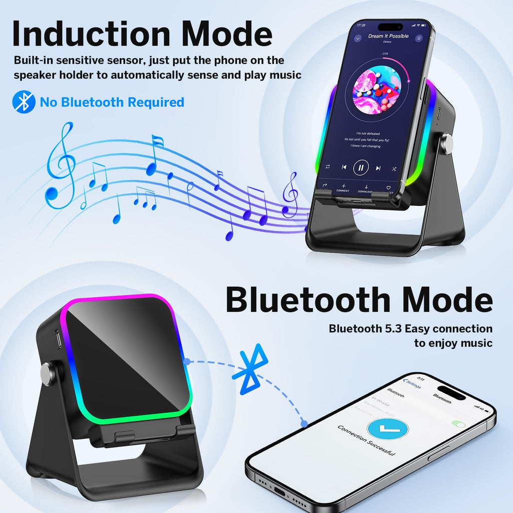 Wireless Induction Speaker 5-in-1 Bluetooth Speaker with Phone Stand,Stereo Sound, 3500mAh Rechargeable, 8 RGB Ambient Light, 360° Adjustable Holder for iPhone/Android/iPad,Gifts for Men Women (Black)