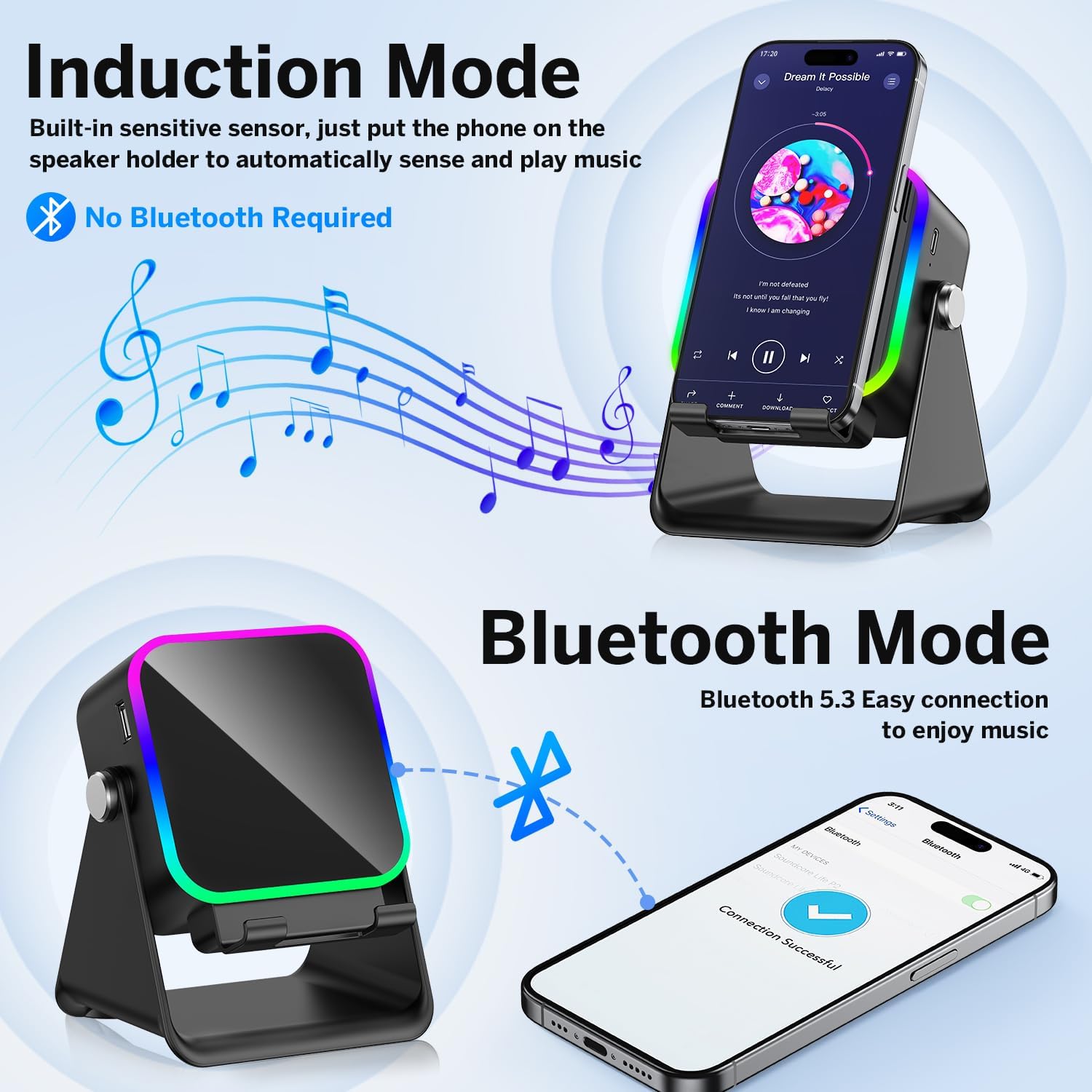 Wireless Induction Speaker 5-in-1 Bluetooth Speaker with Phone Stand,Stereo Sound, 3500mAh Rechargeable, 8 RGB Ambient Light, 360° Adjustable Holder for iPhone/Android/iPad,Gifts for Men Women (Black)