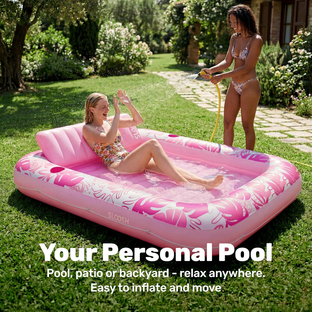 SLOOSH Inflatable Tanning Pool Lounger Float,85" x 57" Extra Large Pool Floats Adult with Pillow,4 in 1 Suntan Tub Raft Floatie,Sunbathing Bed Lounge Blow Up Ball Pit Party Gifts,XL-Cyan White