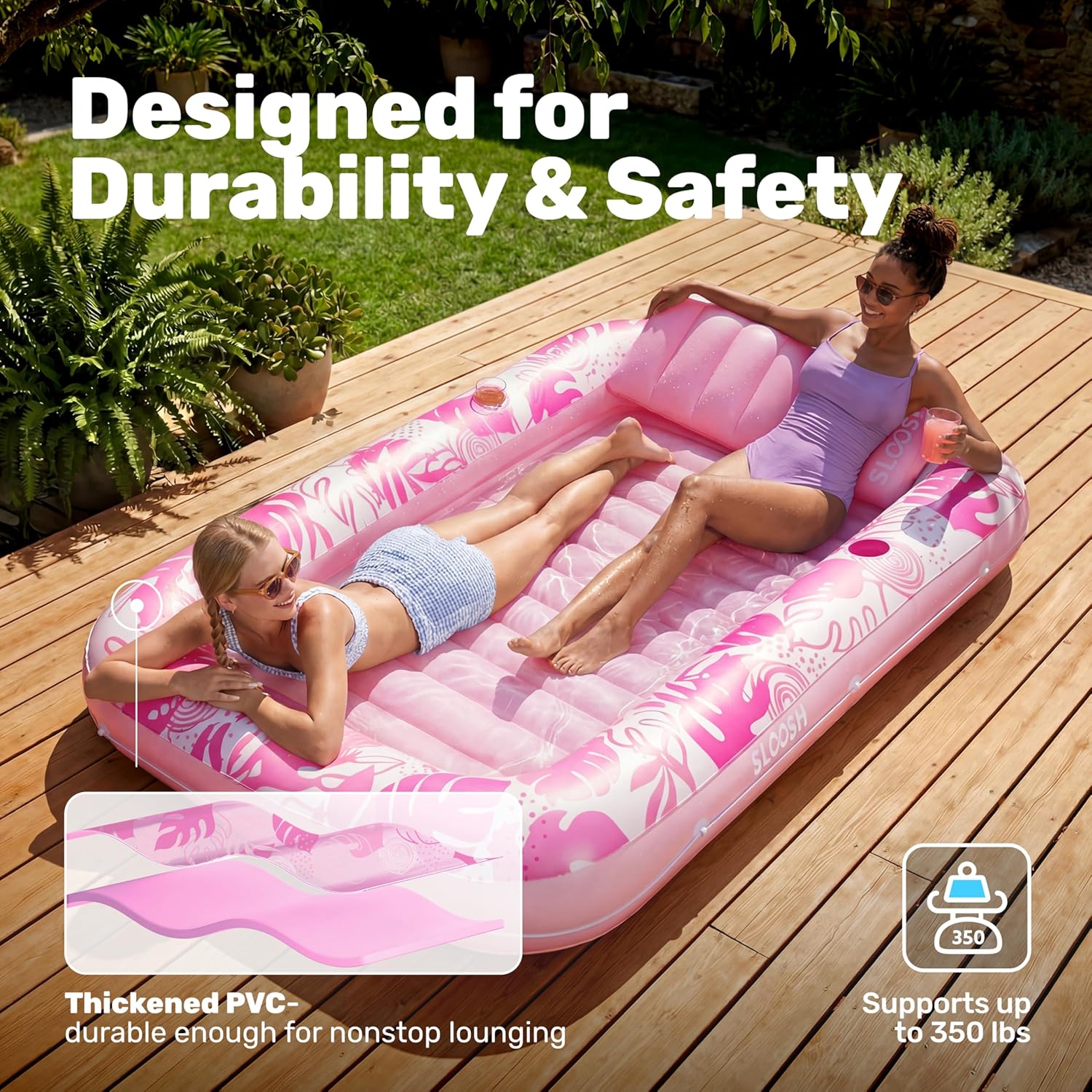 SLOOSH Inflatable Tanning Pool Lounger Float,85" x 57" Extra Large Pool Floats Adult with Pillow,4 in 1 Suntan Tub Raft Floatie,Sunbathing Bed Lounge Blow Up Ball Pit Party Gifts,XL-Cyan White