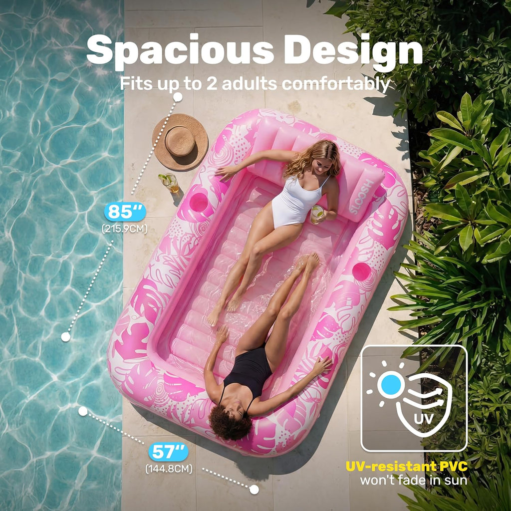 SLOOSH Inflatable Tanning Pool Lounger Float,85" x 57" Extra Large Pool Floats Adult with Pillow,4 in 1 Suntan Tub Raft Floatie,Sunbathing Bed Lounge Blow Up Ball Pit Party Gifts,XL-Cyan White
