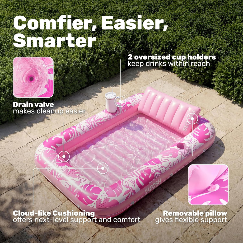 SLOOSH Inflatable Tanning Pool Lounger Float,85" x 57" Extra Large Pool Floats Adult with Pillow,4 in 1 Suntan Tub Raft Floatie,Sunbathing Bed Lounge Blow Up Ball Pit Party Gifts,XL-Cyan White