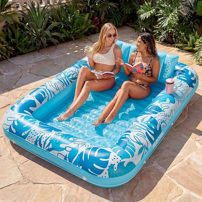 SLOOSH Inflatable Tanning Pool Lounger Float,85" x 57" Extra Large Pool Floats Adult with Pillow,4 in 1 Suntan Tub Raft Floatie,Sunbathing Bed Lounge Blow Up Ball Pit Party Gifts,XL-Cyan White