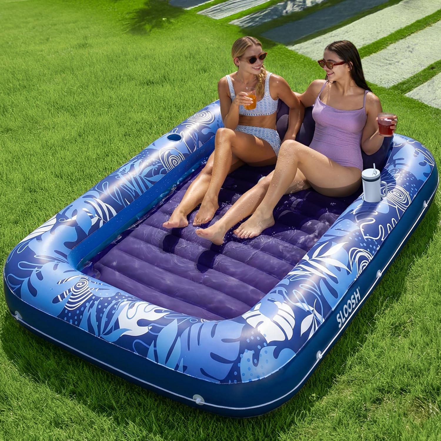 SLOOSH Inflatable Tanning Pool Lounger Float,85" x 57" Extra Large Pool Floats Adult with Pillow,4 in 1 Suntan Tub Raft Floatie,Sunbathing Bed Lounge Blow Up Ball Pit Party Gifts,XL-Cyan White