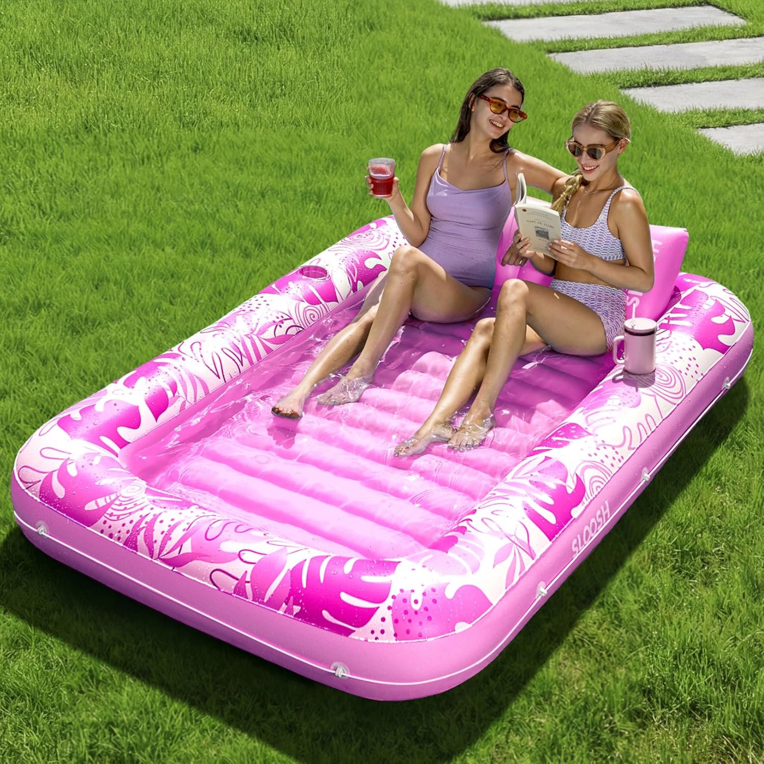 SLOOSH Inflatable Tanning Pool Lounger Float,85" x 57" Extra Large Pool Floats Adult with Pillow,4 in 1 Suntan Tub Raft Floatie,Sunbathing Bed Lounge Blow Up Ball Pit Party Gifts,XL-Cyan White