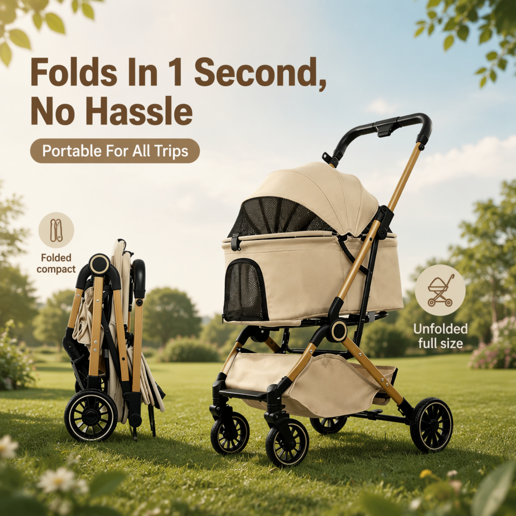 Lightweight, foldable pet stroller for cats and small-to-medium dogs—ideal for outings.