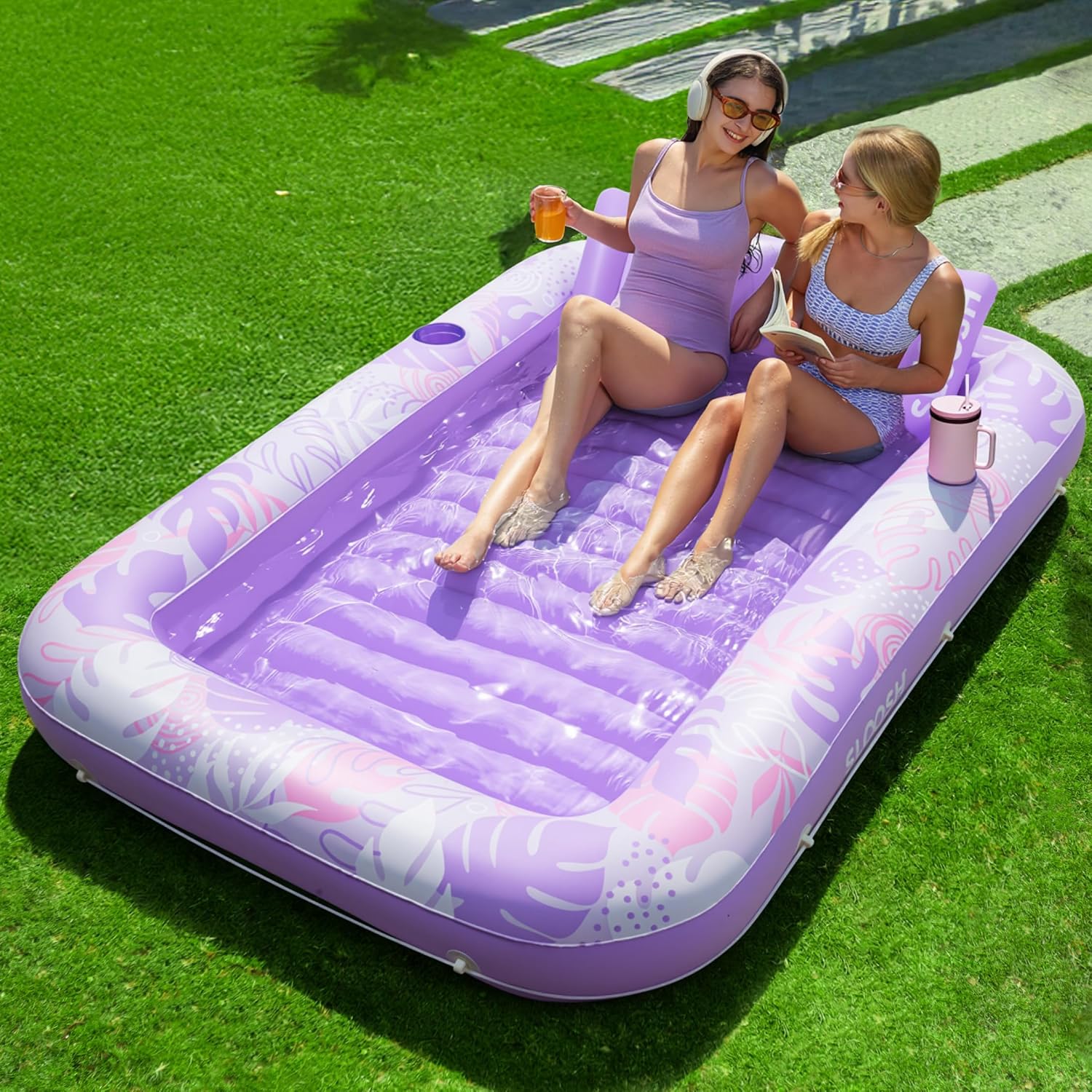 SLOOSH Inflatable Tanning Pool Lounger Float,85" x 57" Extra Large Pool Floats Adult with Pillow,4 in 1 Suntan Tub Raft Floatie,Sunbathing Bed Lounge Blow Up Ball Pit Party Gifts,XL-Cyan White