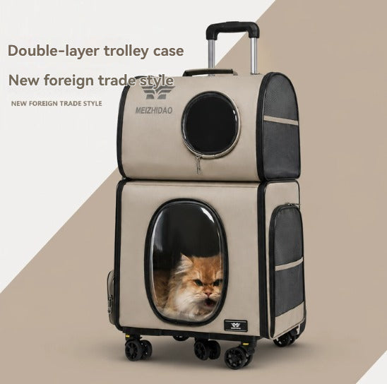 Large-Capacity Double-Decker Pet Trolley Bag – Portable Cat Carrier Backpack with Wheels