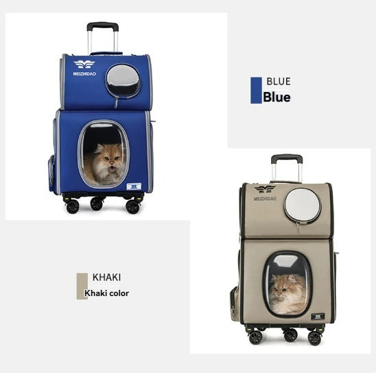 Large-Capacity Double-Decker Pet Trolley Bag – Portable Cat Carrier Backpack with Wheels