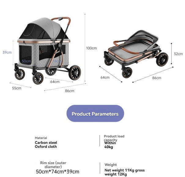 Spacious Pet Stroller for Medium-to-Large Dogs and Cats – Suitable for Multiple Pets – One-Button Folding