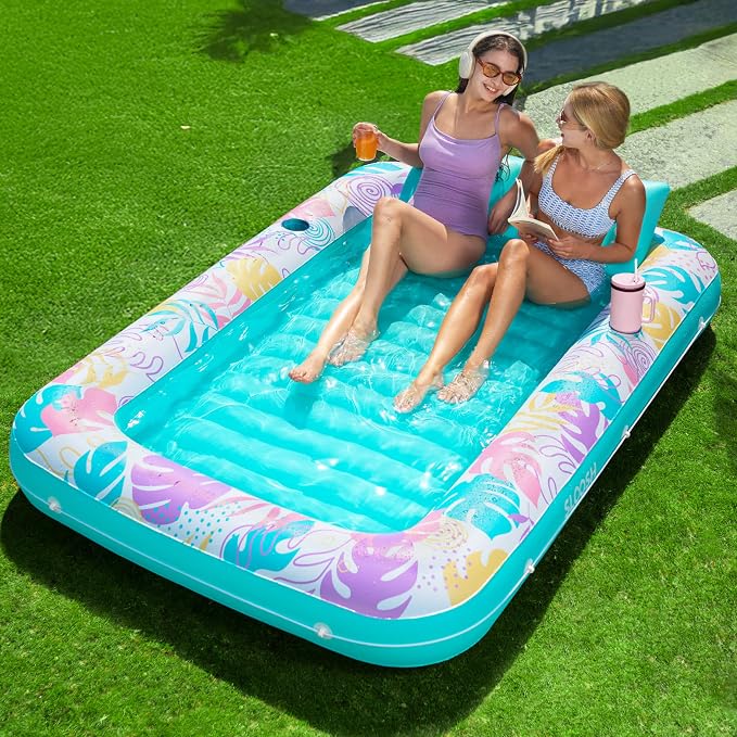 SLOOSH Inflatable Tanning Pool Lounger Float,85" x 57" Extra Large Pool Floats Adult with Pillow,4 in 1 Suntan Tub Raft Floatie,Sunbathing Bed Lounge Blow Up Ball Pit Party Gifts,XL-Cyan White